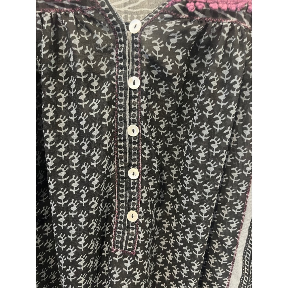 Free People Black Patterned Beaded Tunic Top Long Sleeve Women Medium Sheer Boho - Picture 7 of 14